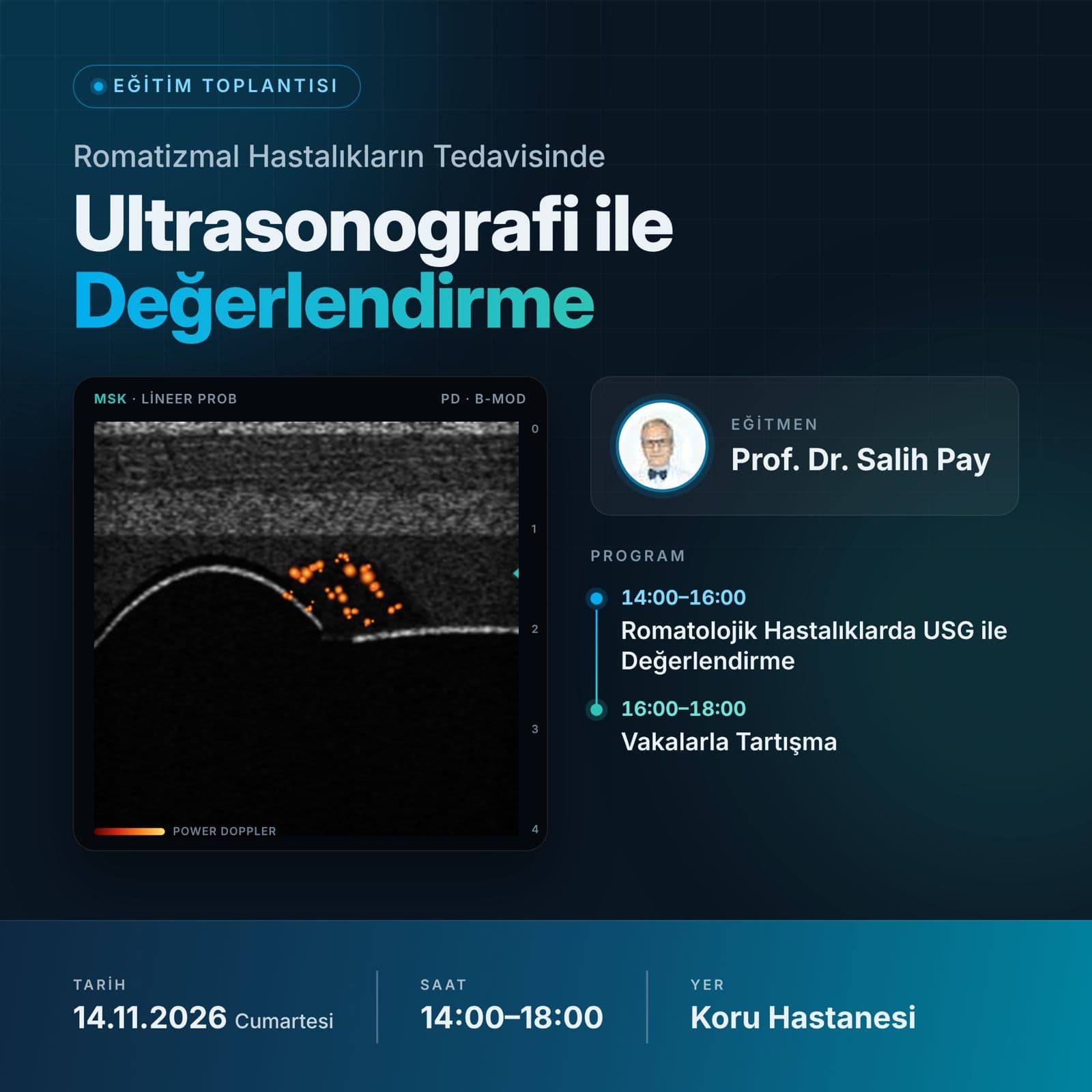 Eğitim toplantısı afişi: Romatizmal Hastalıkların Tedavisinde Ultrasonografi ile Değerlendirme. Eğitmen Prof. Dr. Salih Pay; 14.11.2026 Cumartesi, 14:00–18:00, Koru Hastanesi.